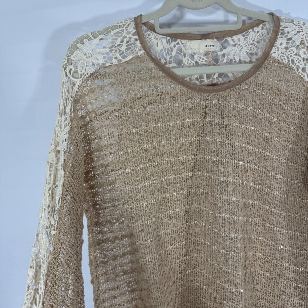 a'reve‎ Womens L Lace Long Sleeve Boho Knit Top Beige Brown Casual Pullover - Picture 7 of 12